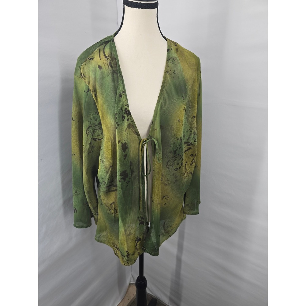 A Wild Thyme Green Floral Sheer Tie Front Cardigan Plus Size 24 Lightweight